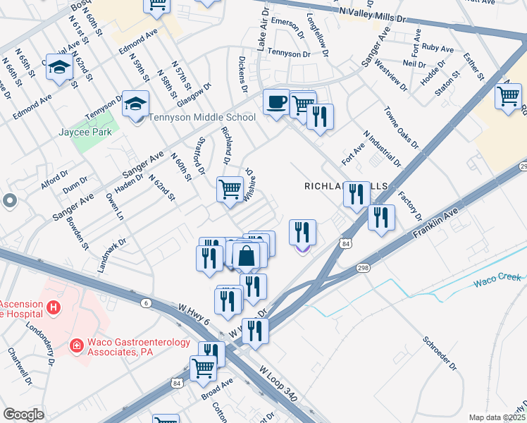 map of restaurants, bars, coffee shops, grocery stores, and more near 5706 Roxanne Drive in Waco