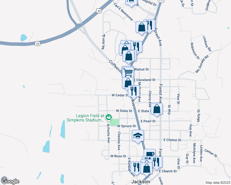 map of restaurants, bars, coffee shops, grocery stores, and more near 316A West Cedar Street in Jackson