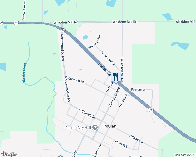 map of restaurants, bars, coffee shops, grocery stores, and more near 428 Clements Street Northwest in Poulan