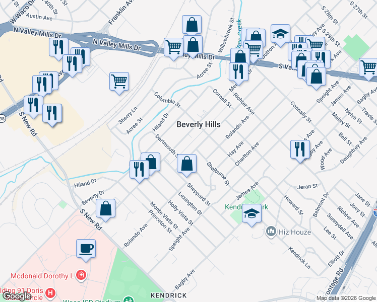 map of restaurants, bars, coffee shops, grocery stores, and more near 4017 Shelby Avenue in Waco
