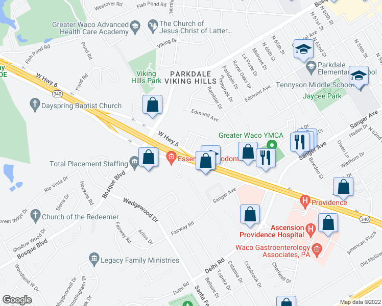 map of restaurants, bars, coffee shops, grocery stores, and more near West Highway 6 in Waco
