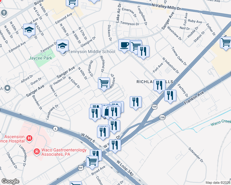 map of restaurants, bars, coffee shops, grocery stores, and more near 5715 Roxanne Drive in Waco