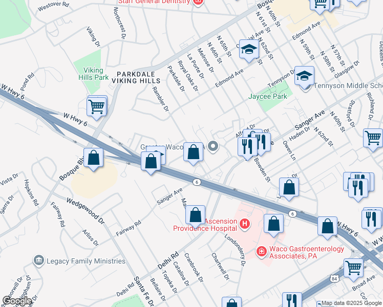 map of restaurants, bars, coffee shops, grocery stores, and more near 806 Rambler Drive in Waco
