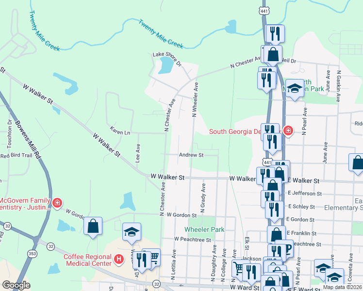 map of restaurants, bars, coffee shops, grocery stores, and more near 1004 North Letitia Avenue in Douglas