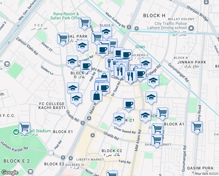 map of restaurants, bars, coffee shops, grocery stores, and more near Sir Syed Road in Lahore