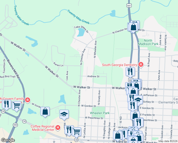map of restaurants, bars, coffee shops, grocery stores, and more near 1004 North Letitia Avenue in Douglas