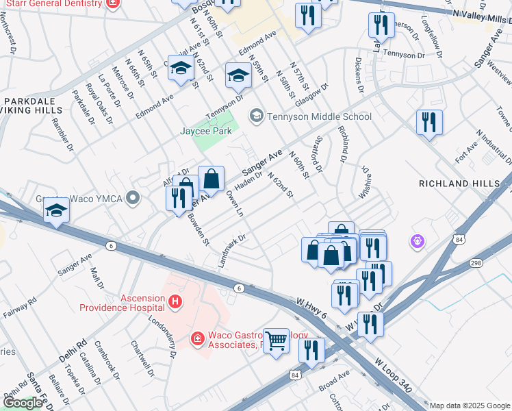 map of restaurants, bars, coffee shops, grocery stores, and more near 6312 Wiethorn Drive in Waco