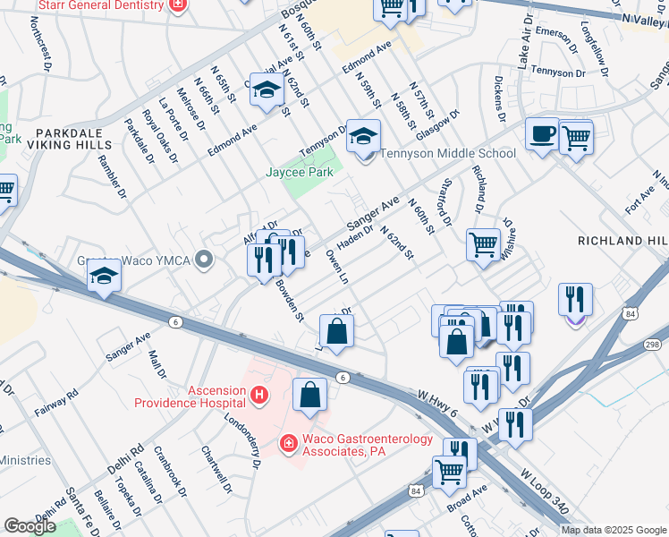 map of restaurants, bars, coffee shops, grocery stores, and more near 6418 May Drive in Waco