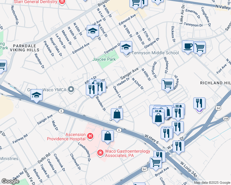 map of restaurants, bars, coffee shops, grocery stores, and more near 6418 May Drive in Waco