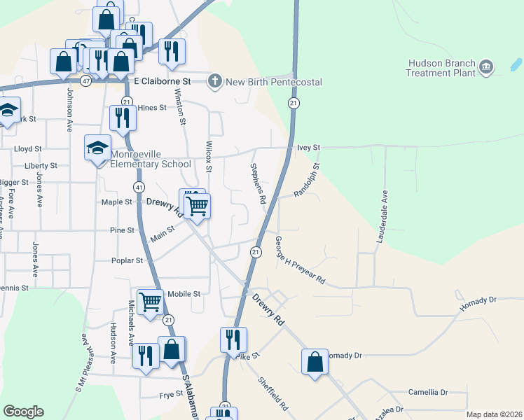 map of restaurants, bars, coffee shops, grocery stores, and more near Highway 21 Bypass in Monroeville
