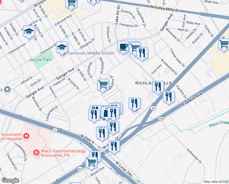map of restaurants, bars, coffee shops, grocery stores, and more near 5706 Roxanne Drive in Waco