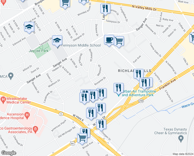 map of restaurants, bars, coffee shops, grocery stores, and more near 5718 Wilshire Drive in Waco