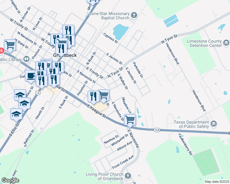map of restaurants, bars, coffee shops, grocery stores, and more near 103 Meadow Lane in Groesbeck