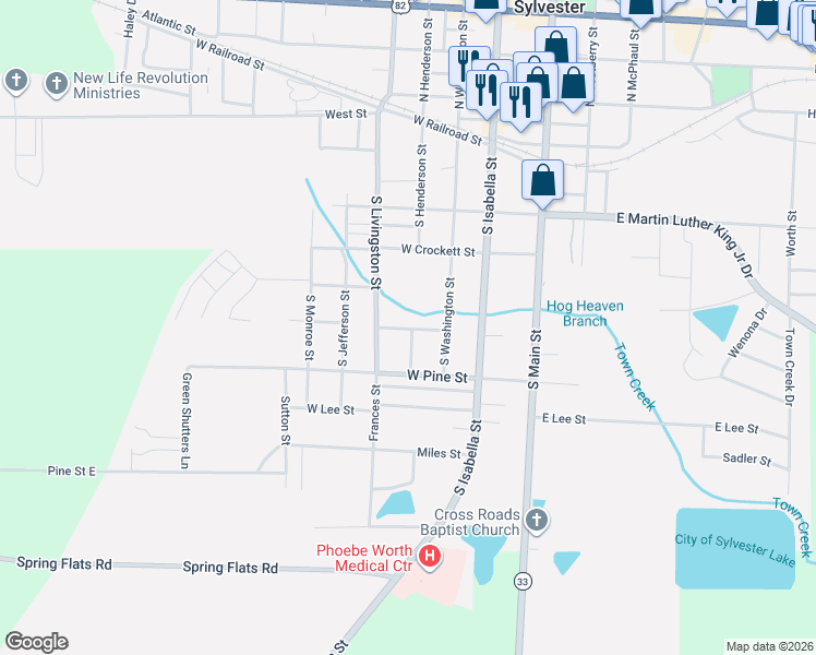 map of restaurants, bars, coffee shops, grocery stores, and more near 251-299 West Hobson Street in Sylvester