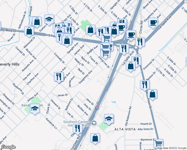 map of restaurants, bars, coffee shops, grocery stores, and more near 3327 Bell Street in Waco