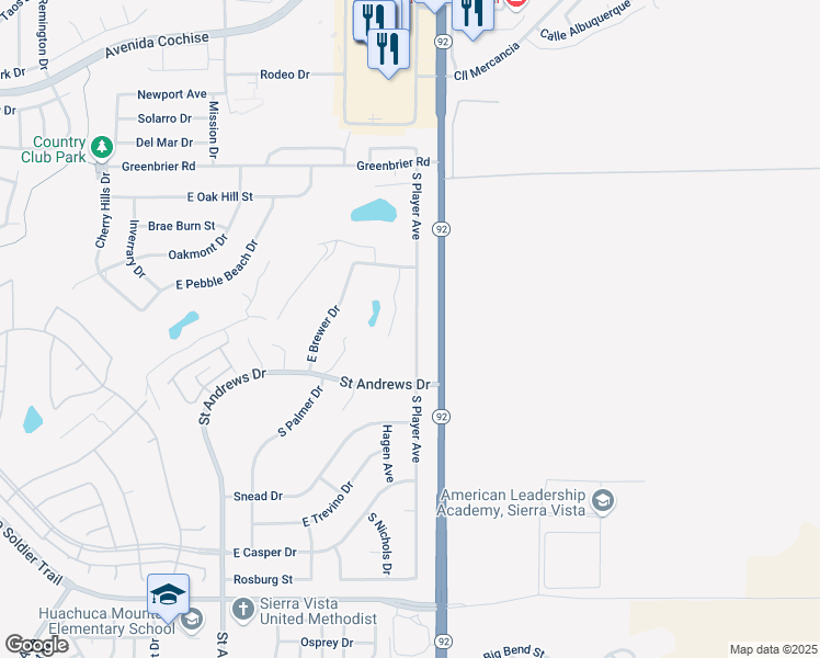 map of restaurants, bars, coffee shops, grocery stores, and more near 2664 South Player Avenue in Sierra Vista