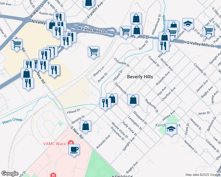 map of restaurants, bars, coffee shops, grocery stores, and more near 4109 Beverly Drive in Waco