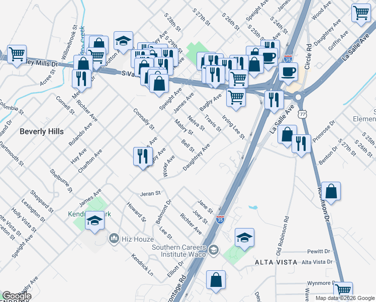 map of restaurants, bars, coffee shops, grocery stores, and more near 1920 Connally Street in Waco