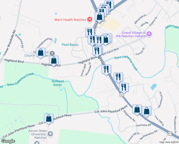 map of restaurants, bars, coffee shops, grocery stores, and more near 117 Woodville Drive in Natchez