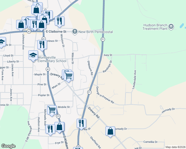 map of restaurants, bars, coffee shops, grocery stores, and more near Highway 21 Bypass in Monroeville