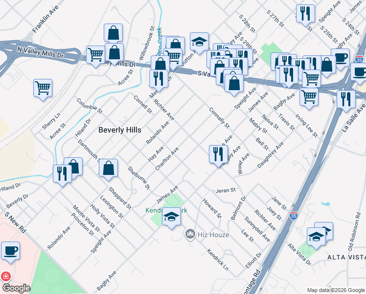map of restaurants, bars, coffee shops, grocery stores, and more near 3616 Hay Avenue in Waco