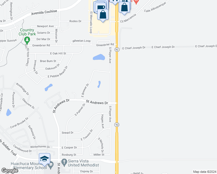 map of restaurants, bars, coffee shops, grocery stores, and more near 2656 South Player Avenue in Sierra Vista