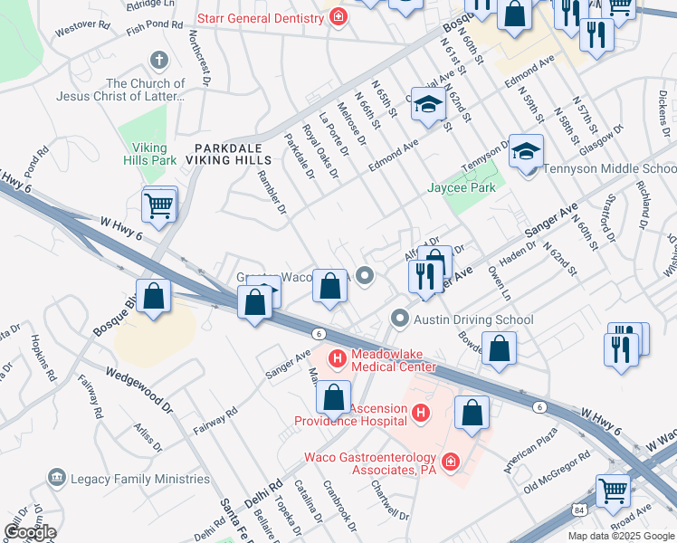 map of restaurants, bars, coffee shops, grocery stores, and more near 908 Briar Drive in Waco