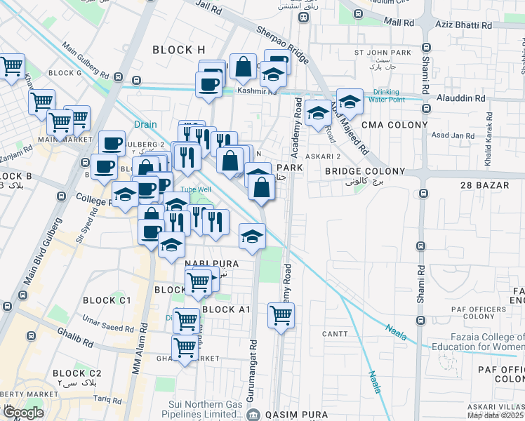 map of restaurants, bars, coffee shops, grocery stores, and more near Mayo Gardens Road in Lahore