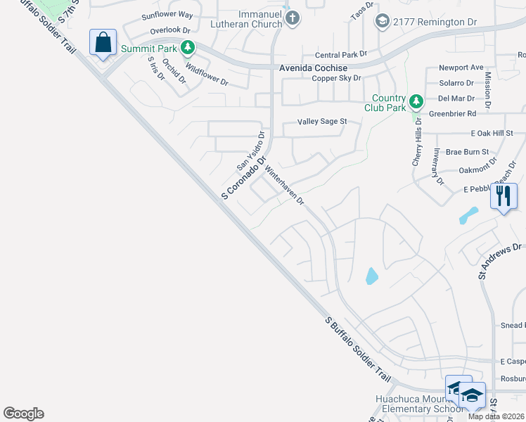 map of restaurants, bars, coffee shops, grocery stores, and more near 2643 Red Sky Way in Sierra Vista