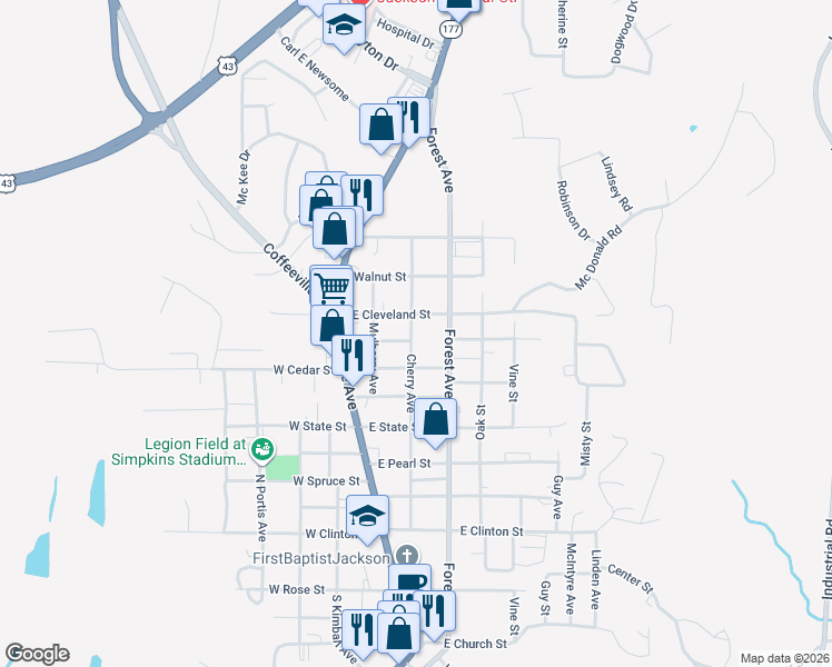 map of restaurants, bars, coffee shops, grocery stores, and more near 200 East Cleveland Street in Jackson