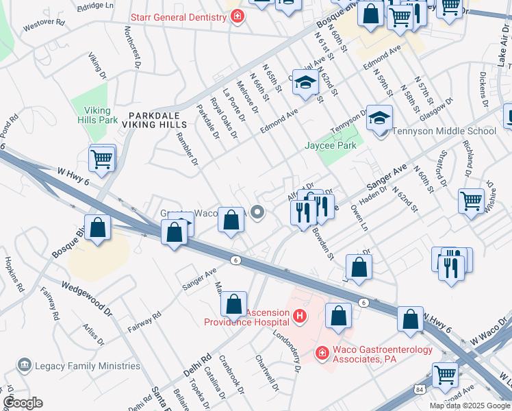 map of restaurants, bars, coffee shops, grocery stores, and more near 6808 Old Briarstown Road in Waco