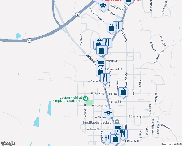 map of restaurants, bars, coffee shops, grocery stores, and more near 197 West Cleveland Street in Jackson