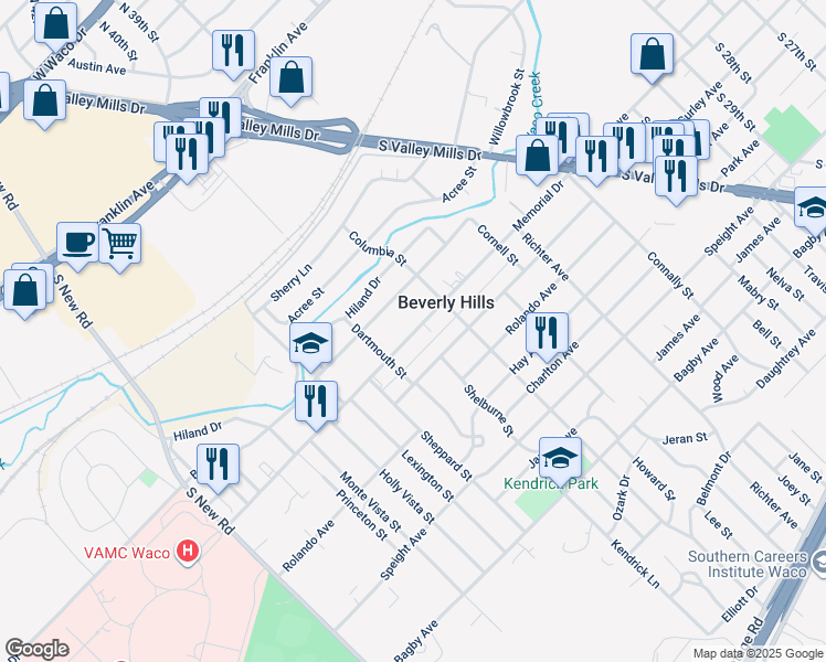 map of restaurants, bars, coffee shops, grocery stores, and more near 3917 Memorial Drive in Beverly Hills