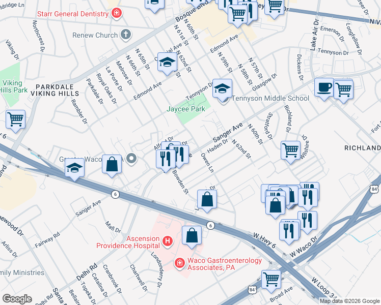 map of restaurants, bars, coffee shops, grocery stores, and more near 6501 Sanger Avenue in Waco