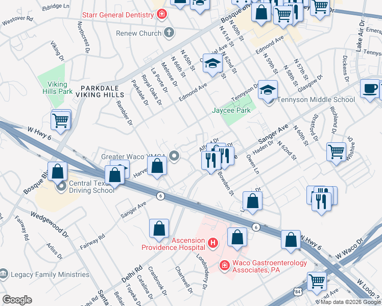 map of restaurants, bars, coffee shops, grocery stores, and more near 6808 Old Briarstown Road in Waco