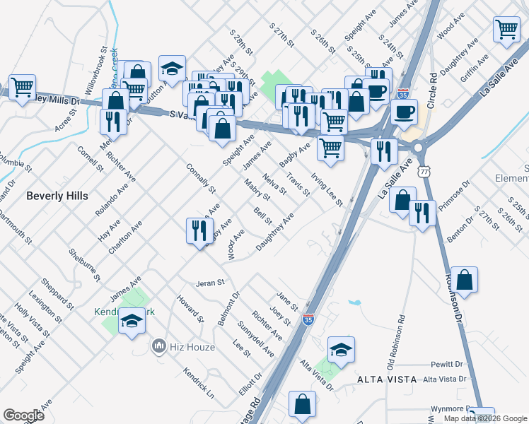 map of restaurants, bars, coffee shops, grocery stores, and more near 1812 Bell Street in Waco