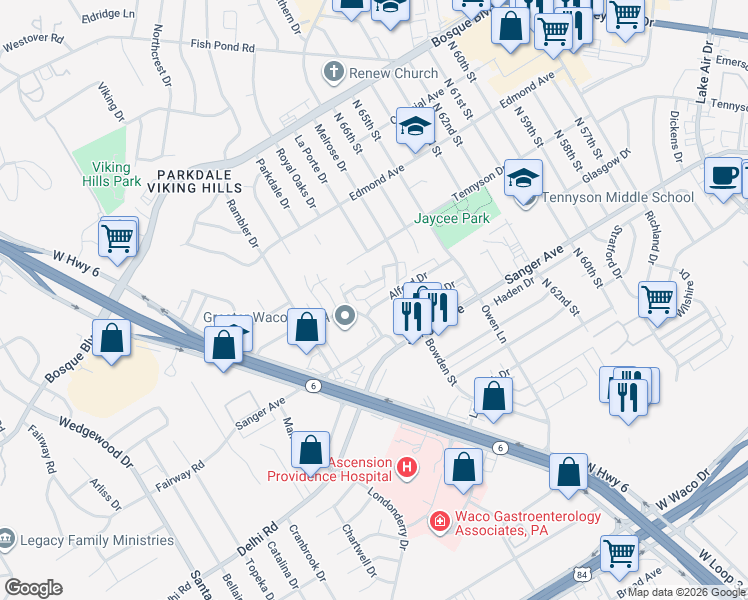 map of restaurants, bars, coffee shops, grocery stores, and more near 6808 Old Briarstown Road in Waco
