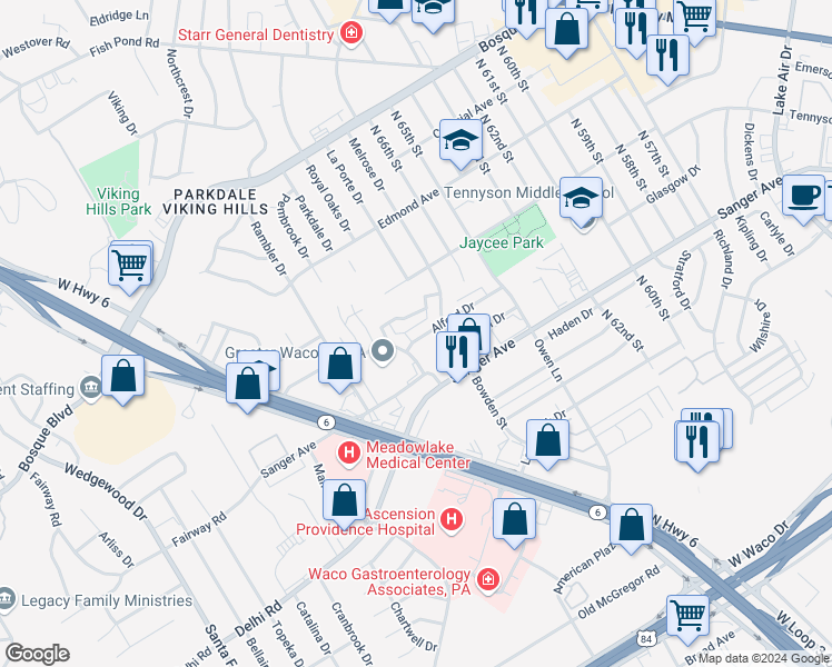 map of restaurants, bars, coffee shops, grocery stores, and more near 6803 Alford Drive in Waco