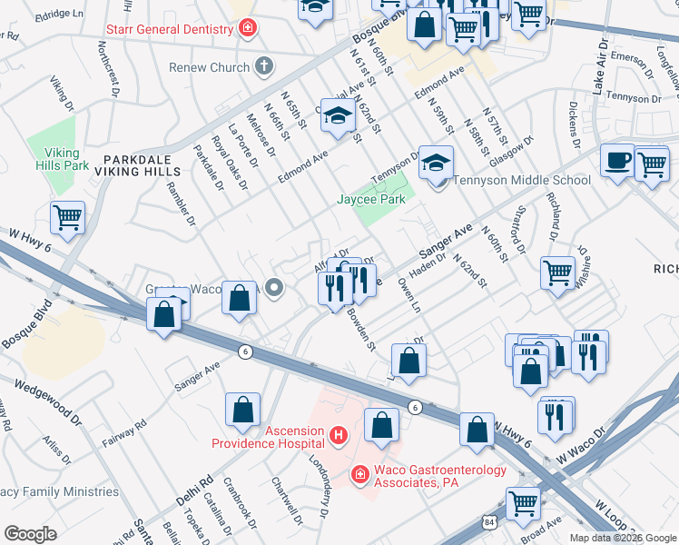 map of restaurants, bars, coffee shops, grocery stores, and more near 6607 Dunn Drive in Waco