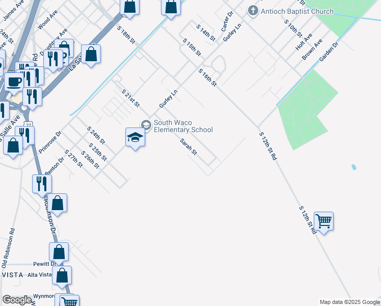 map of restaurants, bars, coffee shops, grocery stores, and more near 2910 Sarah Street in Waco