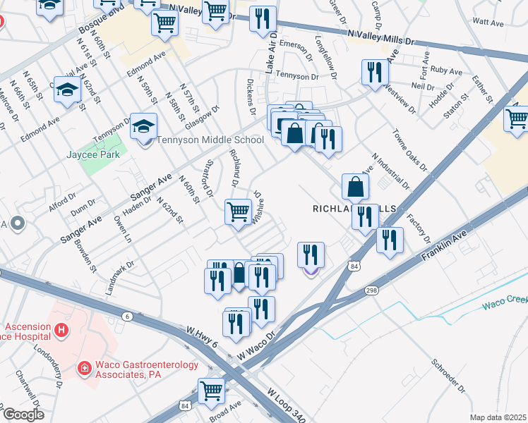 map of restaurants, bars, coffee shops, grocery stores, and more near 5506 Kingsman Drive in Waco