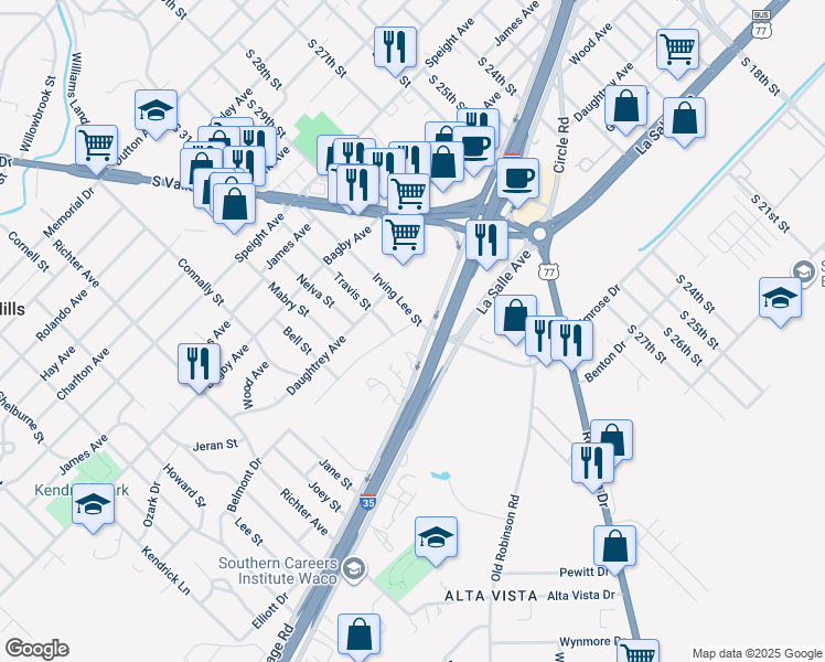 map of restaurants, bars, coffee shops, grocery stores, and more near 3104 Belmont Drive in Waco