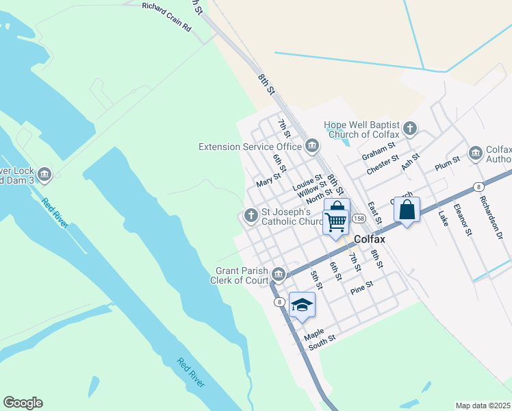 map of restaurants, bars, coffee shops, grocery stores, and more near 401 Louise Street in Colfax
