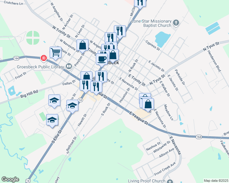 map of restaurants, bars, coffee shops, grocery stores, and more near 209 South Rusk Street in Groesbeck