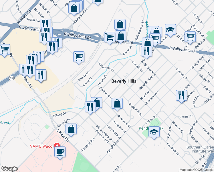 map of restaurants, bars, coffee shops, grocery stores, and more near 4012 Beverly Drive in Waco