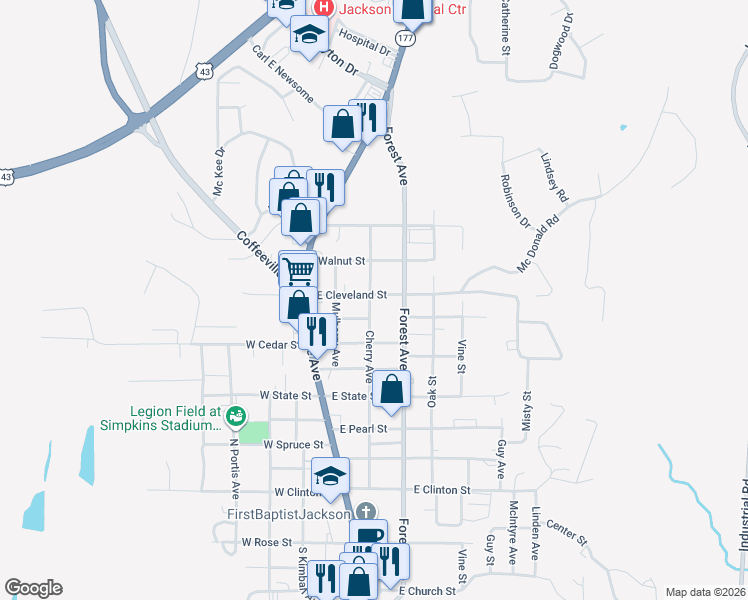 map of restaurants, bars, coffee shops, grocery stores, and more near 200 East Cleveland Street in Jackson