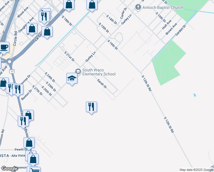 map of restaurants, bars, coffee shops, grocery stores, and more near 2910 Sarah Street in Waco