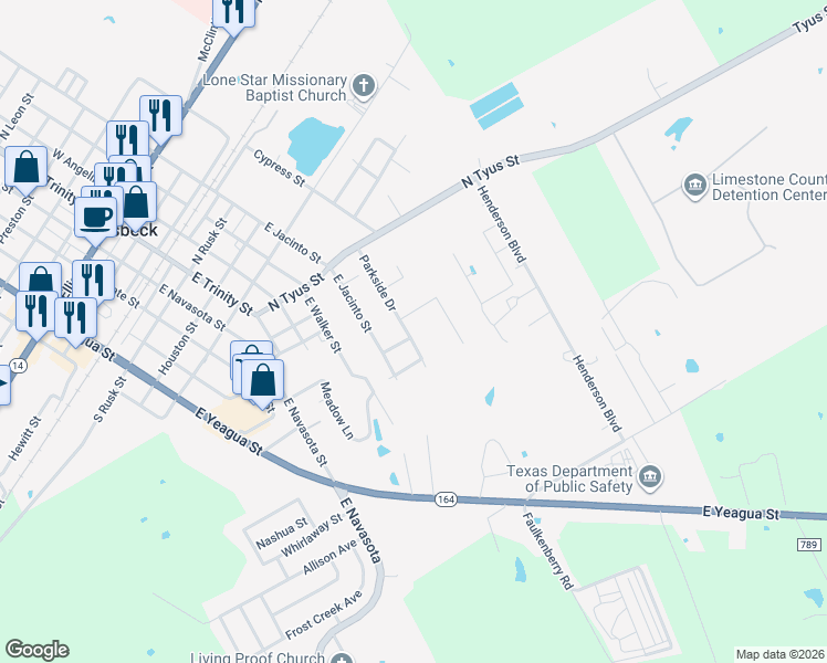 map of restaurants, bars, coffee shops, grocery stores, and more near 601 Parkside Drive in Groesbeck