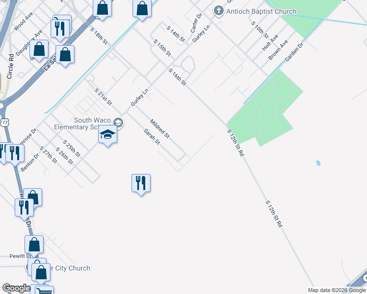 map of restaurants, bars, coffee shops, grocery stores, and more near 3008 Mildred Street in Waco