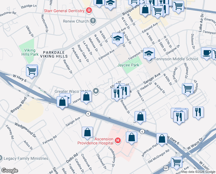 map of restaurants, bars, coffee shops, grocery stores, and more near 6701 Alford Drive in Waco
